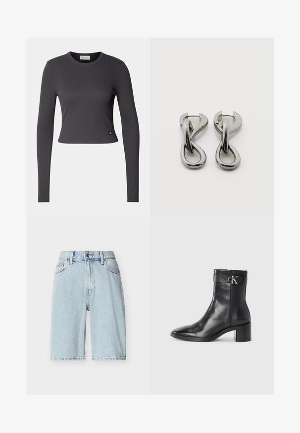 Langærmet, cropped top i mørkegrå ribbet stof med en rund halsudskæring og et lille logo patch nederst. Glat tekstur, tætsiddende design.; Lyseblå denimshorts med høj talje, knap- og lynlåslukning, bæltestropper og forlommer.; Sort læder ankelstøvle med spids tå, blokhæl og en rem med en metallisk logo detalje. Glat tekstur og minimalistisk design.; Par af sølvtonede metale øreringe med abstrakt sammenflettet løbedesign på hvid baggrund.