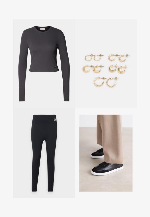 Langærmet, cropped top i mørkegrå ribbet stof med en rund halsudskæring og et lille logo patch nederst. Glat tekstur, tætsiddende design.; Sorte leggings lavet af strækstof, med en bred talje, tætsiddende pasform og et lille hvidt logo på venstre hofte. Glat tekstur.; Sorte lædersneakers med ruskindselementer, udstyret med en hvid gummisål og sorte snørebånd. Kombineret med beige vide bukser.; Sæt af gyldne øreringe, der indeholder forskellige former: små hoops, chunky halvmåner og kæde-accenter. Glatte og teksturerede overflader.