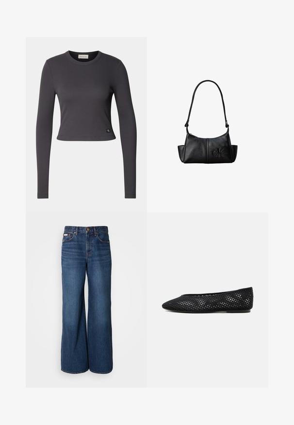 Langærmet, cropped top i mørkegrå ribbet stof med en rund halsudskæring og et lille logo patch nederst. Glat tekstur, tætsiddende design.; Bredde jeans lavet af mørkeblåt denim. Funktioner inkluderer en høj talje, fem lommer og kontrasterende orange syninger langs sømmene.; Sort mesh flad sko med lukket tå og lav hæl, med åndbar vævet design og diskret side-logo.; Sort læder skuldertaske med lang rem, sidelommer og præget Calvin Klein-logo på fronten.