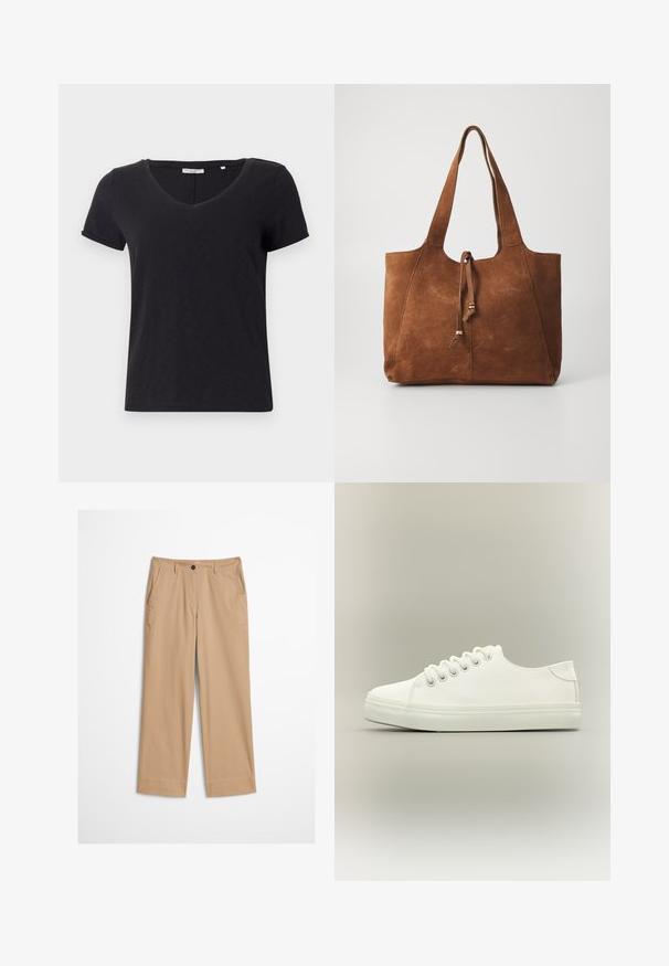 Sort kortærmet t-shirt med V-hals-design. Lavet af blødt, åndbart stof med en glat overflade og uden fremtrædende mønstre.; Beige bomuldsbukser med lige ben, knaplukning foran og en glat tekstur. Har standard bærestropper og flad frontdesign.; Hvid lavtop sneaker med hvide snørebånd og gummisål vist fra siden på en neutral baggrund.; Brun ruskinds tote bag med to lange håndtag, snøre lukning og glat tekstur. Har et enkelt design og minimale accenter.