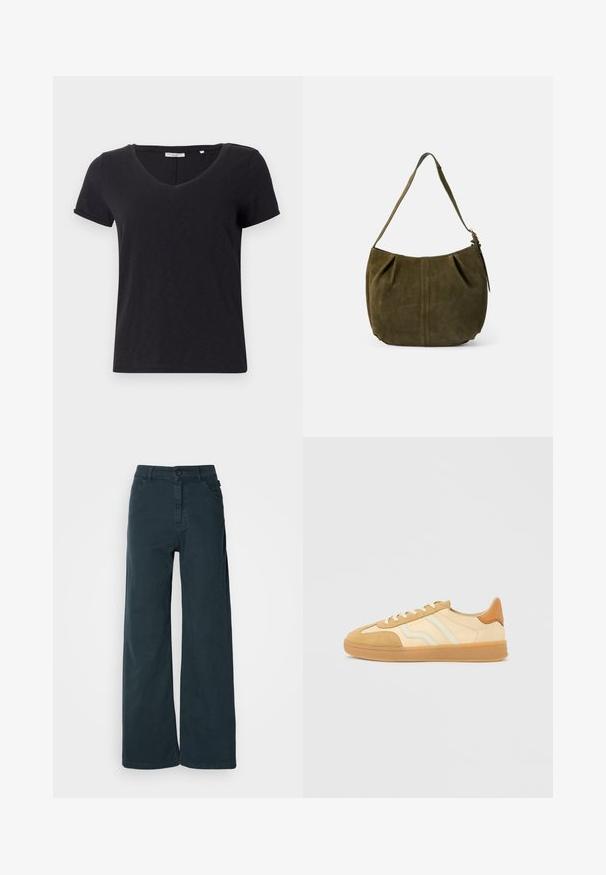 Schwarzes T-Shirt mit kurzen Ärmeln und V-Ausschnitt. Hergestellt aus weichem, atmungsaktivem Material mit glatter Textur und ohne auffällige Muster.; Weite Hose aus dunkelgrauem Baumwollmix mit einer vorderen Knopfverschluss, Gürtelschlaufen und zwei seitlichen Taschen. Glatte Textur mit minimaler Gestaltung.; Turn- und Sportschuhe in Braun- und Cremetönen aus Wildleder und Leder, mit Gummisohlen, drei Streifen und braunem Fersenakzent.; Olivgrüne Wildleder-Schultertasche mit einem Träger, zentraler Naht-Detail und seitlichem Reißverschlussanhänger, vor schlichtem hellem Hintergrund.