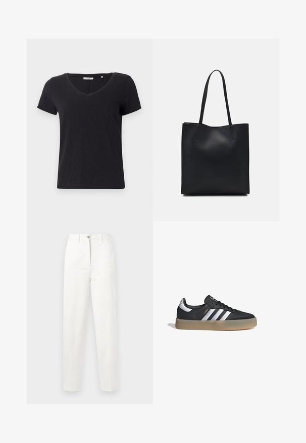 Camiseta negra de manga corta con diseño de escote en V. Hecha de una tela suave y transpirable con una textura lisa y sin patrones prominentes.; Pantalones blancos de algodón con diseño de pierna recta, textura sutil, bragueta con cremallera y cierre con un botón en la cintura. No se ven detalles de bolsillos.; Zapatilla deportiva de cuero negro con tres rayas plateadas, punta texturizada y suela de goma. Cuenta con un collar acolchado y un diseño con cordones.; Bolso tote de cuero negro con textura lisa, forma rectangular y dos asas largas. Sin herrajes ni adornos visibles.