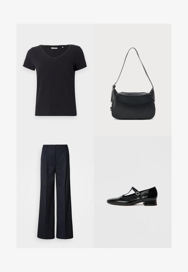 Camiseta negra de manga corta con diseño de escote en V. Hecha de una tela suave y transpirable con una textura lisa y sin patrones prominentes.; Pantalones de pierna ancha en azul marino oscuro, confeccionados con tela suave. Cuentan con una cintura entallada y pliegues frontales, diseñados para un ajuste cómodo.; Zapatos Mary Jane de cuero negro con punta puntiaguda, tacón pequeño de bloque y correa ajustable con hebilla plateada. Textura lisa y brillante.; Bolso de hombro de cuero negro con textura suave, forma redondeada y una correa delgada. Cuenta con cierre de cremallera y detalles mínimos de herrajes.