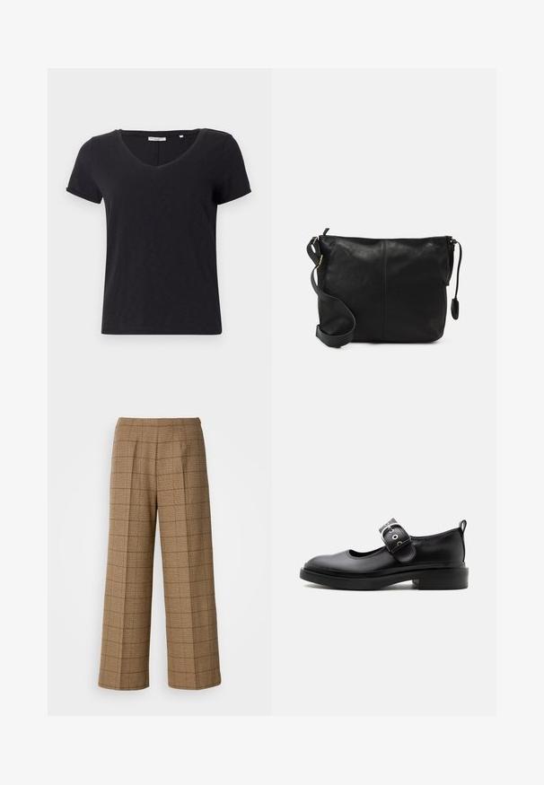Schwarzes T-Shirt mit kurzen Ärmeln und V-Ausschnitt. Hergestellt aus weichem, atmungsaktivem Material mit glatter Textur und ohne auffällige Muster.; Braun karierte weite Hosen mit taillierter Passform, aus strukturiertem Stoff und mit vorderen Falten für zusätzliche Formgebung.; Schwarzer Mary Jane Lederschuh mit dicker Sohle, abgerundeter Zehe, silbernem Schnallenriemen und Zuglasche hinten.; Schwarze Leder-Umhängetasche mit flacher Form, goldenen Hardware-Details und einem verstellbaren Tragegurt. Glatte Textur mit minimalen Nähten.