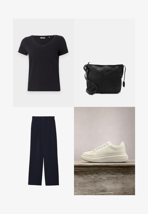 Schwarzes T-Shirt mit kurzen Ärmeln und V-Ausschnitt. Hergestellt aus weichem, atmungsaktivem Material mit glatter Textur und ohne auffällige Muster.; Helles Marineblaue weit geschnittene Hose mit glatter Textur, elastischem Bund, einem vorderen Bügel und einem Knopfverschluss an der Taille.; Weißer Ledersneaker mit rundem Zehenbereich, glatter Textur und kontrastierenden Schnürsenkeln. Verfügt über Belüftungslöcher und eine dicke Gummisohle für Komfort.; Schwarze Leder-Umhängetasche mit flacher Form, goldenen Hardware-Details und einem verstellbaren Tragegurt. Glatte Textur mit minimalen Nähten.