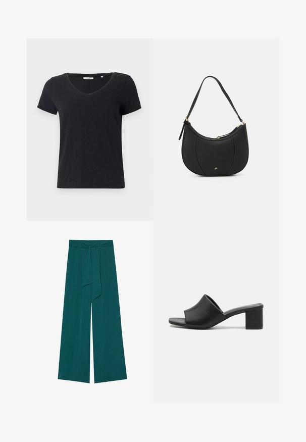 Sort kortærmet t-shirt med V-hals-design. Lavet af blødt, åndbart stof med en glat overflade og uden fremtrædende mønstre.; Viddebenede bukser i en dyb teal farve med en tekstureret finish, der har et bindebånd i taljen for justerbar pasform og en svajende silhuet.; Sorte læder mules med blokhæl og åben tå, med en glat overflade og let buet overdelsdesign for komfort og stil.; Sort læderhåndtaske med en buet form, struktureret overflade, forreste syninger og et logo i guldfarve. Har en enkelt justerbar rem.