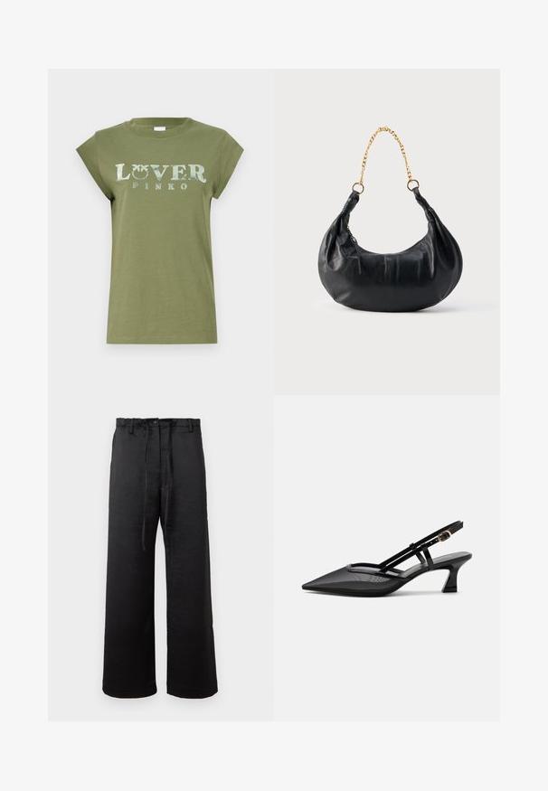 Olijfgroene katoenen t-shirt met korte mouwen, met de tekst "LOVER PINKO" in reflecterende witte letters op de borst.; Zwarte wijde broek van een gladde, lichte stof, met een knoopsluiting, riemlussen en een aantrekkoord in de taille.; Zwarte slingbackschoen met puntige neus, mesh bovenwerk, dunne bandjes, gouden gesp en lage gebogen hak op witte achtergrond.; Zwart lederen handtas in de vorm van een halve maan met een gouden kettingriem en een zijritstrekker.