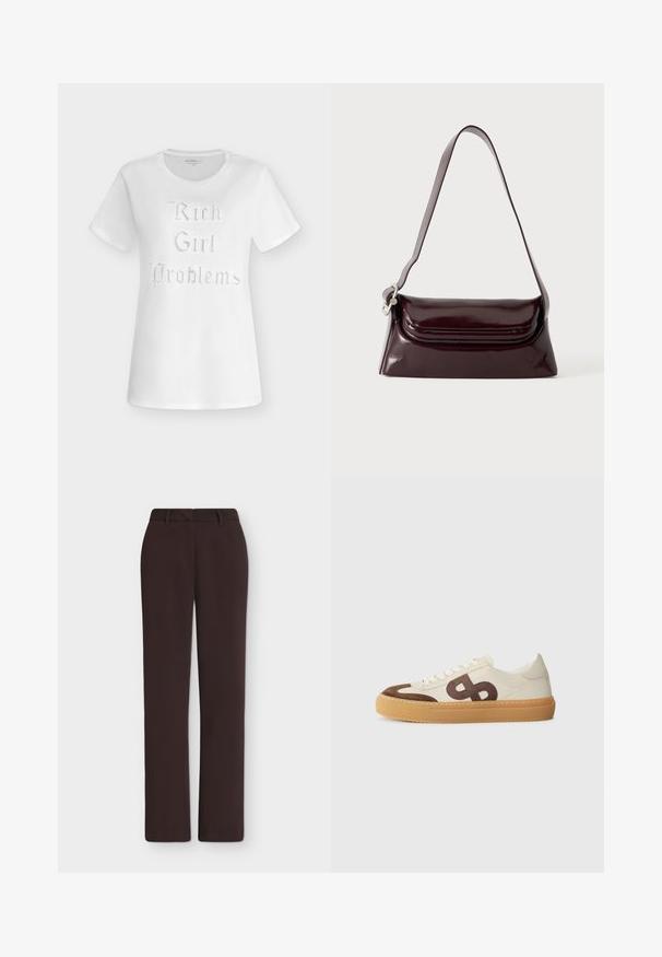 T-shirt blanc à manches courtes avec col rond, arborant le texte « Rich Girl Problems » en police décorative composée de petits clous brillants à l'avant.; Pantalon droit marron foncé avec passants de ceinture, braguette devant et poches latérales, présenté sur un fond blanc uni.; Baskets avec un dessus en toile crème, des accents en daim marron, un grand logo stylisé et une semelle en caoutchouc beige avec une texture antidérapante.; Sac à bandoulière en cuir bordeaux foncé avec fermeture à rabat et une fine sangle réglable, présenté sur un fond clair uni.
