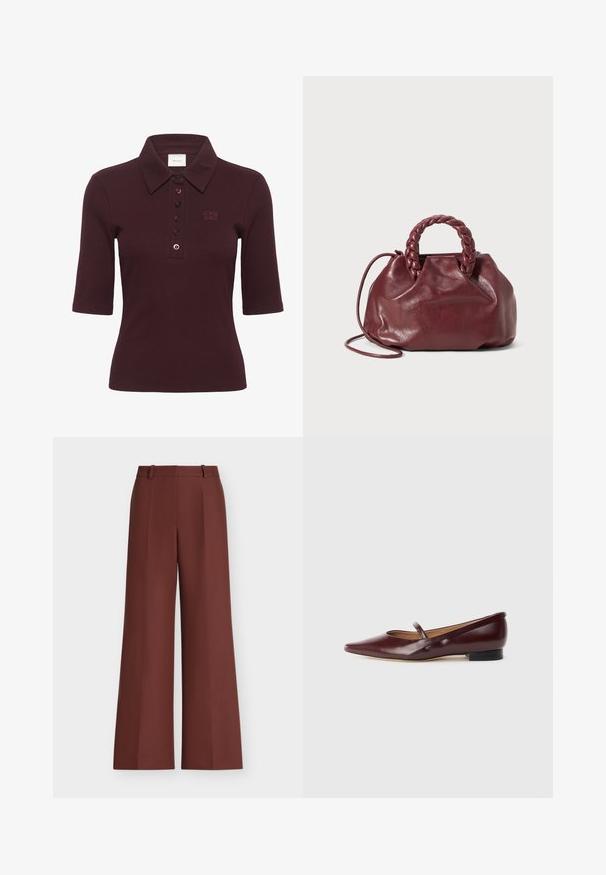 Gestuz DREW - Polo - aronia; Pantalones de pierna ancha y tiro alto en marrón oscuro con trabillas para cinturón y detalle de plisado delantero.; Zapato plano de charol burdeos con punta afilada y una cinta decorativa a lo largo del empeine. Cuenta con un tacón bajo negro.; Bolso de mano de cuero burdeos con un asa trenzada, textura suave y forma redondeada. Cuenta con una correa de hombro removible para mayor versatilidad.