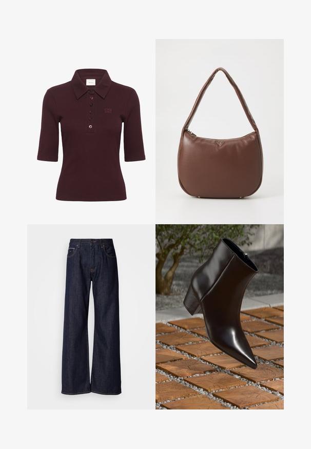 Gestuz DREW - Polo - aronia; Jeans de mezclilla oscura de pierna ancha con una cintura alta, con bolsillos frontales y detalles de costura sutiles. Textura suave con un corte clásico.; Botín de cuero negro hasta el tobillo con punta afilada, tacón de bloque y textura suave, posicionado sobre una superficie de madera y grava.; Bolso de cuero marrón con forma curvada, un asa acolchada y un pequeño detalle de logo en la parte frontal. Cuenta con un cierre de cremallera y acentos en dorado.