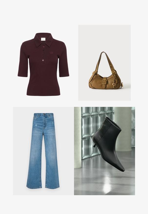 Gestuz DREW - Πόλο - aronia; LOIS Jeans SKATER LOOSE - Τζιν χαλαρής εφαρμογής - stone; Μαύρο δερμάτινο μποτάκι αστραγάλου με μυτερή μύτη και χαμηλό τακούνι τύπου kitten heel, εμφανίζεται σε γωνία μπροστά σε γυαλισμένο πάτωμα και τοίχο από γυάλινους τούβλους.; Καφέ δερμάτινη τσάντα με υφή, με ρυθμιζόμενο λουράκι με αγκράφα, λεπτομέρεια με αγκράφα μπροστά και μικρό χρυσό μπρελόκ σε σχήμα κλειδιού που κρέμεται στο πλάι.