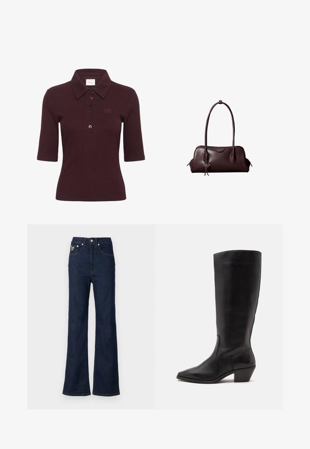 Gestuz DREW - Poloshirt - aronia; Donkerblauwe flared jeans van denim, met een hoge taille, vijf zakken en contrasterende oranje stiksels. Inclusief metalen knoopsluiting.; Zwarte leren laars tot half op de kuit met een puntige neus en een lage schuine hak op een effen lichte achtergrond.; Donkerbruine leren Calvin Klein handtas met lange dubbele handvatten en een kleine logo-sierhanger die aan één handvat hangt.