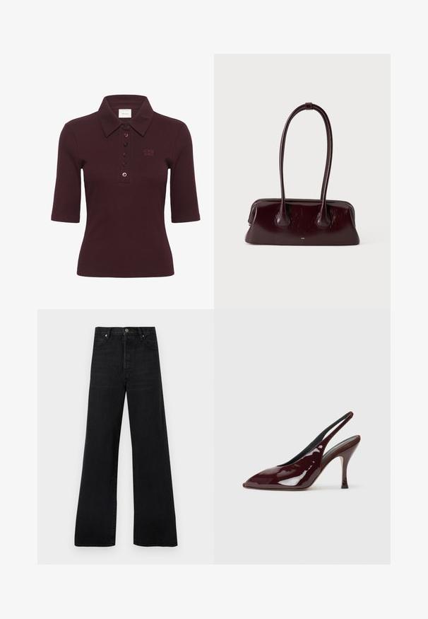 Gestuz DREW - Polo - aronia; Vaqueros negros de pierna ancha hechos de denim, con cintura alta, diseño de cinco bolsillos y cierre de botones, con una textura ligeramente desteñida.; NEOUS HAMAL - Zapatos altos - dark chocolate; Bolso de mano de cuero marrón oscuro brillante con asas largas y finas y una base rectangular estructurada sobre un fondo claro y liso.