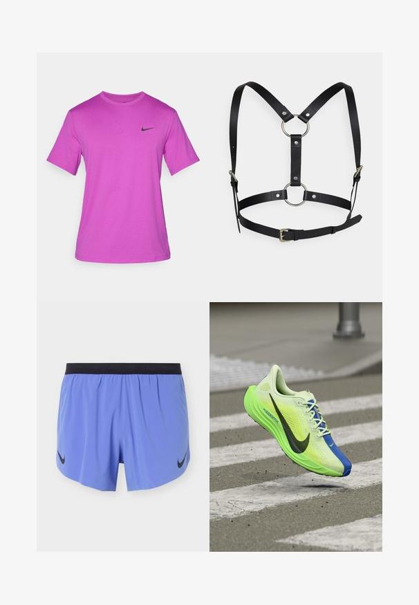 Fialové krátke tričko s krátkym rukávom vyrobené z hladkej látky, obsahujúce čierne logo Nike na ľavej strane hrudníka. Klasický okrúhly výstrih.; Svetlomodré športové šortky s čiernym pásom a čiernymi logami Nike Swoosh na oboch stranách, zobrazené na jednoduchom pozadí.; Neónovo zelená a modrá bežecká topánka s čiernym logom Nike, vo vzduchu nad priechodom pre chodcov na asfaltovej ulici.; Čierny kožený postroj s nastaviteľnými popruhmi, ktorý obsahuje strieborné kovové krúžky a hroty. Dizajn zahŕňa centrálny krúžok a prackový uzáver.