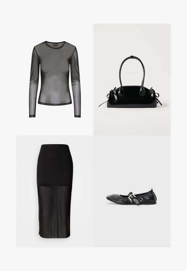 Haut long noir à manches longues en maille avec un col rond, présentant un tissu transparent et une coupe ajustée. Les bords sont finis avec des surpiqûres noires.; Jupe midi noire avec une taille ajustée, dotée d'un panneau inférieur transparent. Texture lisse avec une silhouette élégante et sans motifs visibles.; Chaussure plate en cuir noir avec un nez pointu, des détails froncés autour de l'ouverture et un accent en boucle argentée sur la bride ajustable.; Petit sac à main noir brillant avec deux longues anses et des détails à cordon sur les côtés sur un fond clair uni.