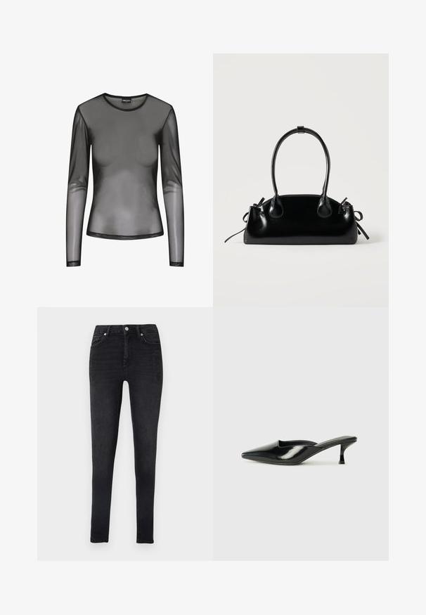 Schwarzes langärmliges Mesh-Oberteil mit rundem Ausschnitt, aus transparentem Stoff und figurbetonter Passform. Die Ränder sind mit schwarzer Naht versehen.; Hochtaillierte schwarze Skinny Jeans aus Denim mit dezentem Used-Look und Verzierungen auf der Vorderseite. Verfügt über ein Fünf-Taschen-Design und einen Knopfverschluss.; Schwarze Lackleder-Mules mit spitzem Zeh, niedrigem Kitten-Heel und geschwungenen Seiten, die ein glänzendes Finish und ein minimalistisches Design aufweisen.; Kleine schwarze glänzende Handtasche mit zwei langen Griffen und seitlichen Kordelzug-Details vor einfachem hellem Hintergrund.