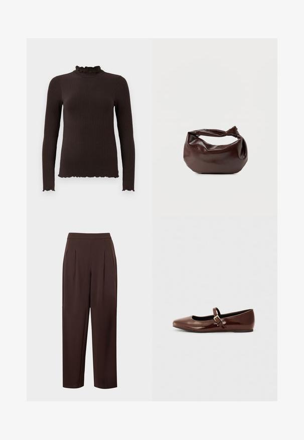 Donkerbruine geribbelde top met lange mouwen, een hoge, gerafelde halslijn en gerafelde randen aan de manchetten en zoom.; Donkerbruine high-waist op maat gemaakte broek met voorplooien en rechte, licht uitlopende pijpen op een effen achtergrond.; Bruine gepatineerde leren balletschoen met een vierkante neus en een bandje met een kleine gouden gesp. Gladde textuur, lage hak en minimalistisch ontwerp.; Donkerbruine leren schoudertas met een zachte, slungelige vorm en een gedraaide knoopvormige handgreep op een effen witte achtergrond.