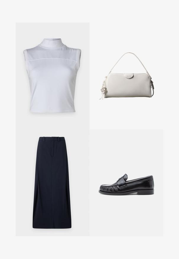 Witte mouwloze top met een hoge nek, een gladde textuur en een cropped ontwerp. Heeft een horizontale naad over de borst.; Navyblauwe lange rok van geweven stof, met een recht model, riemlussen en een verborgen rits. Strakke lijnen en minimalistisch ontwerp.; Zwarte leren loafers met een afgeronde neus, kenmerkende stiksels en een decoratieve band over de wreef. Gladde afwerking en lage hak.; Witte rechthoekige Calvin Klein handtas met enkele handgreep, minimalistisch ontwerp en decoratieve kwastjes met geometrische metalen hanger aan de zijkant.