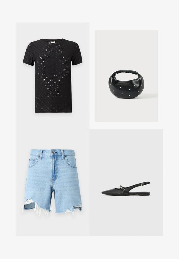Zwarte T-shirt met korte mouwen, gekenmerkt door een gestructureerd patroon van uitsneden en een ronde hals. Gemaakt van lichtgewicht stof met een ontspannen pasvorm.; Lichtblauwe denim shorts met een klassiek vijf-pocket ontwerp, rafelige zoom en versleten details aan de voorkant.; Zwarte leren slingback schoenen met een spitse neus, voorzien van een smalle band en een zilveren gesp aan de zijkant. Platte zool.; Zwarte leren handtas met een afgeronde vorm, versierd met zilveren studs, en een korte handgreep. Gladde textuur en ritsluiting.