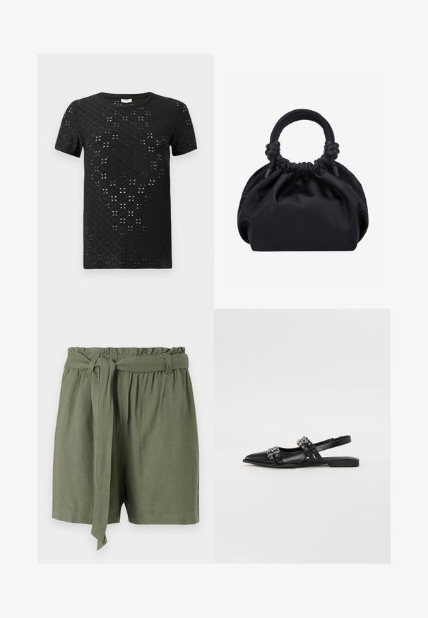 Camiseta de manga corta negra con un patrón texturizado de recortes y un diseño de cuello redondo. Fabricada con una tela ligera y un corte holgado.; Pantalones cortos de color verde oliva fabricados con un tejido ligero, con una cintura alta, banda elástica y un detalle de cinturón atado para un ajuste ajustable.; Even&Odd by Zalando Bailarinas con tira trasera - black; Bolso de mano de tela negra suave con parte superior fruncida y asas acolchadas circulares atadas con nudos a cada lado.