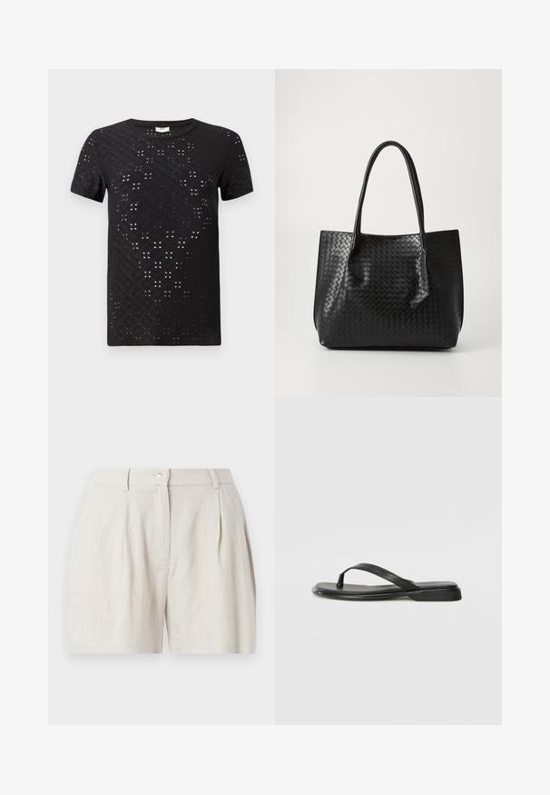 Schwarzes T-Shirt mit kurzen Ärmeln, das ein strukturiertes Muster aus Ausschnitten und ein Rundhalsdesign aufweist. Hergestellt aus leichtem Stoff mit einem lässigen Schnitt.; Hoch taillierte cremefarbene Leinen-Shorts mit vorderen Falten, seitlichen Taschen, Gürtelschlaufen und Knopfverschluss.; Schwarze Flip-Flops aus glattem Leder, mit einem dünnen Riemendesign und einer flachen Sohle mit minimalem Profil. Keine bemerkenswerten Muster oder Akzente.; Schwarze geflochtene Ledertasche mit zwei Griffen, strukturierte Form und subtiler glänzender Oberfläche vor einem schlichten hellen Hintergrund.