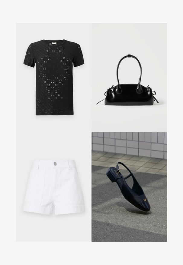Schwarzes T-Shirt mit kurzen Ärmeln, das ein strukturiertes Muster aus Ausschnitten und ein Rundhalsdesign aufweist. Hergestellt aus leichtem Stoff mit einem lässigen Schnitt.; Weiße Jeansshorts mit hoher Taille, zwei Fronttaschen und silberner Knopfverschluss. Gerader Beinschnitt mit umgeschlagenen Säumen.; Schwarzer flacher Lederslingback-Schuh mit goldener Schnallendetail am Zehenbereich, über gepflastertem Boden nahe einer gefliesten Wand schwebend.; Kleine schwarze glänzende Handtasche mit zwei langen Griffen und seitlichen Kordelzug-Details vor einfachem hellem Hintergrund.
