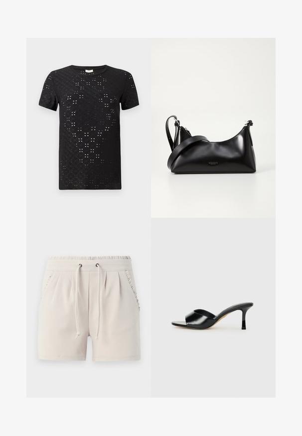 Schwarzes T-Shirt mit kurzen Ärmeln, das ein strukturiertes Muster aus Ausschnitten und ein Rundhalsdesign aufweist. Hergestellt aus leichtem Stoff mit einem lässigen Schnitt.; Helle beige Shorts mit einem elastischen Bund, Kordelzug, Seitentaschen und Rüschendetails entlang der Taschenränder. Weicher Stoff.; Schwarze Leder-Pumps mit hohen Absätzen und offenem Zehenbereich sowie einem breiten, geschwungenen Oberriemen. Glatte Textur und schlanker Silhouette.; Schwarze lederne Handtasche mit glatter Textur. Verfügt über einen verstellbaren Riemen und ein elegantes, minimalistisches Design mit einem Reißverschluss.