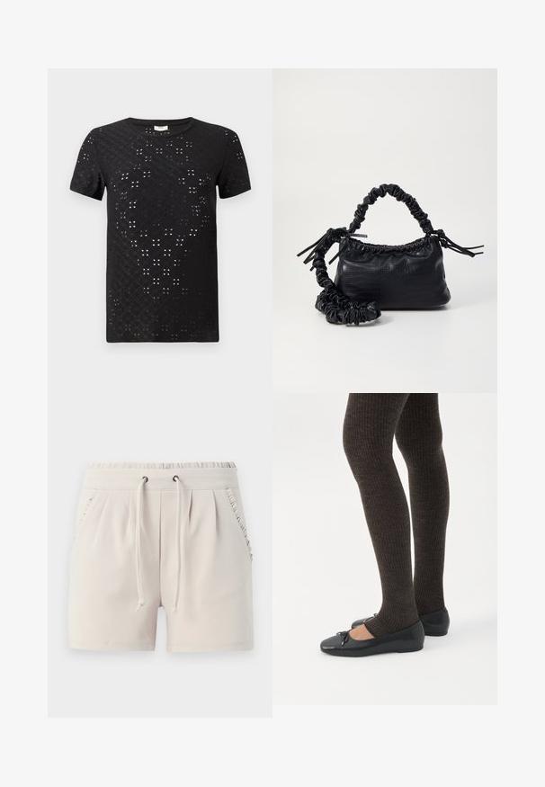 Sort T-shirt med korte ærmer, der har et struktureret mønster af udskæringer og en klassisk rund hals. Fremstillet af letvægtsstof med en afslappet pasform.; Lyse beige shorts med elastisk talje, snor, sidelommer og flæsedetaljer langs lommekanterne. Blødt stoff.; Ben iført mørke ribbede leggings kombineret med sorte balletsko med små sløjfedetaljer på hvid baggrund.; Sort kunstlæder håndtaske med krokodilteksur, indsnøret top og en sammenkrøben rem. Ser blød og kompakt ud i designet.