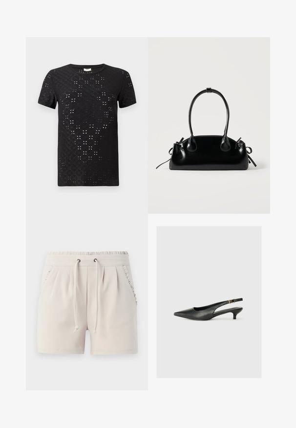 Sort T-shirt med korte ærmer, der har et struktureret mønster af udskæringer og en klassisk rund hals. Fremstillet af letvægtsstof med en afslappet pasform.; Lyse beige shorts med elastisk talje, snor, sidelommer og flæsedetaljer langs lommekanterne. Blødt stoff.; Sorte spidse slingback-sko lavet af glat læder. Har en tynd hæl og en spænde detalje på den justerbare rem.; Lille sort blank håndtaske med to lange håndtag og snøre-detaljer i siden på en ensfarvet lys baggrund.