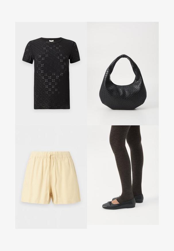 Sort T-shirt med korte ærmer, der har et struktureret mønster af udskæringer og en klassisk rund hals. Fremstillet af letvægtsstof med en afslappet pasform.; Beige bomuldsshorts med elastisk talje og snøre foran, designet til afslappet brug.; Ben iført mørke ribbede leggings kombineret med sorte balletsko med små sløjfedetaljer på hvid baggrund.; Sort flettet håndtaske med et buet håndtag, der har en struktureret overflade og en afslappet form. Glat finish med en organisk silhuet.