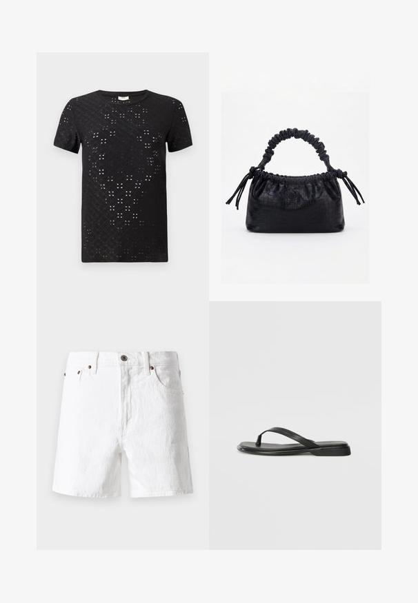 Schwarzes T-Shirt mit kurzen Ärmeln, das ein strukturiertes Muster aus Ausschnitten und ein Rundhalsdesign aufweist. Hergestellt aus leichtem Stoff mit einem lässigen Schnitt.; Weiße Jeansshorts mit klassischem Design, im Five-Pocket-Stil, mit Kupferknopf-Akzenten und einer leicht strukturierten Stoffoberfläche.; Schwarze Flip-Flops aus glattem Leder, mit einem dünnen Riemendesign und einer flachen Sohle mit minimalem Profil. Keine bemerkenswerten Muster oder Akzente.; Schwarze Handtasche mit Krokodilstruktur, gerafftem oberen Rand, zusammengezogenem Griff und Zugkordeln mit Quasten an jeder Seite vor weißem Hintergrund.