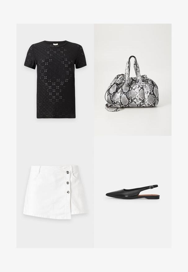 T-shirt noir à manches courtes avec un motif texturé de découpes et un col rond. Fabriqué en tissu léger avec une coupe décontractée.; Mini-jupe en denim blanc à coupe droite, dotée d'une fermeture latérale avec quatre boutons en métal et un ourlet légèrement roulé.; Chaussure slingback en cuir noir avec un bout pointu, un léger éclat et une bride de cheville réglable. Talon plat avec une semelle intérieure marron.; Sac à main en motif peau de serpent noir et blanc avec deux poignées, une fermeture à cordon et une bandoulière amovible. Texture lisse.