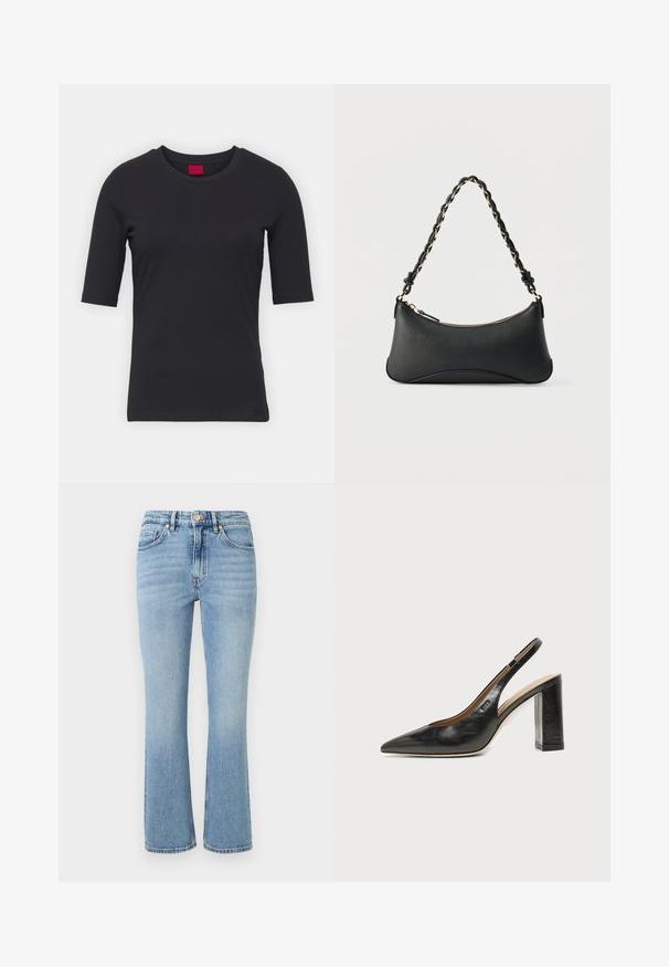 T-shirt noir en coton avec manches courtes, col rond et design minimaliste. Présente une étiquette de marque rouge au niveau du col.; Jean en denim bleu clair avec un design évasé, taille haute, cinq poches et quincaillerie dorée. Présente un délavé et des détails cousus.; Chaussure slingback en cuir noir à bout pointu avec un talon bloc haut et une doublure intérieure beige sur un fond clair uni.; Sac à bandoulière en cuir noir de forme rectangulaire incurvée, avec une chaîne dorée tissée dans la bandoulière noire tressée et une fermeture éclair sur le dessus.