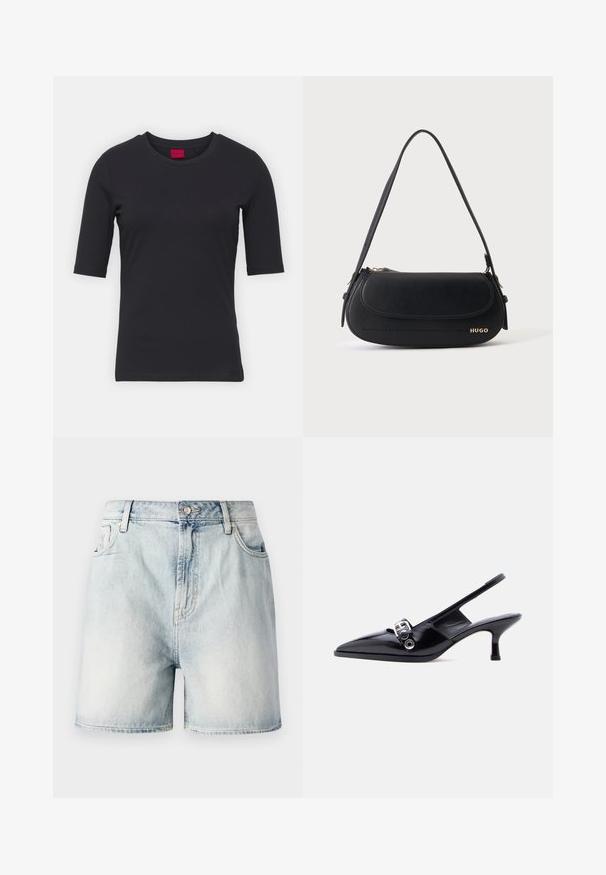 T-shirt noir en coton avec manches courtes, col rond et design minimaliste. Présente une étiquette de marque rouge au niveau du col.; Shorts en denim bleu clair avec fermeture par bouton, cinq poches et une texture délavée. Coupe droite au design classique.; Chaussure à talon bas en cuir verni noir avec bride arrière, bout pointu et détail boucle argentée sur fond blanc uni.; Sac à épaule en cuir noir avec rabat incurvé, logo doré "HUGO" sur le devant, et une bandoulière réglable.