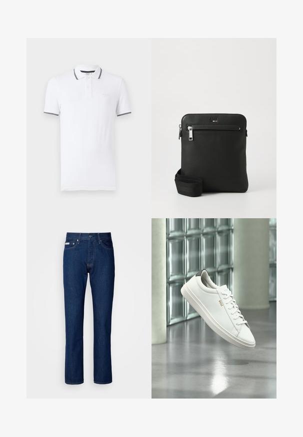 Weißes Poloshirt aus Baumwolle mit einer Knopfleiste mit zwei Knöpfen, kurzen Ärmeln und kontrastierenden schwarzen Streifen am Kragen und den Ärmelrändern.; Dunkelblaue Jeans aus Denim mit geradem Bein Design, mit einem Reißverschluss und Knopfverschluss, fünf Taschen und dezenten Nähten.; Weißer Leder-Low-Top-Sneaker mit Schnürsenkeln, schwarzer Fersenschlaufe und „BOSS“-Logo, der drinnen nahe einer Glassteinwand und einem polierten Boden schwebt.; Schwarze Leder-Umhängetasche mit flachem Design, strukturierter Oberfläche, Reißverschluss, Vordertasche und verstellbarem Stoffriemen.