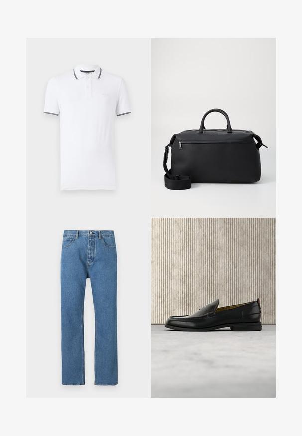 Weißes Poloshirt aus Baumwolle mit einer Knopfleiste mit zwei Knöpfen, kurzen Ärmeln und kontrastierenden schwarzen Streifen am Kragen und den Ärmelrändern.; Hellblaue Jeans aus Denim mit geradem Schnitt, fünf Taschen, Knopfverschluss und dezenten Steppnähten entlang der Nähte.; Schwarzer Herren-Slipper aus Leder mit einer krokogeprägten Vorderkappe und einem niedrigen Absatz, im Profil vor neutralem Hintergrund gezeigt.; Schwarze Leder-Reisetasche mit zwei Oberhandgriffen, einem abnehmbaren Schultergurt und einer Reißverschlusstasche auf der Vorderseite für zusätzlichen Stauraum.