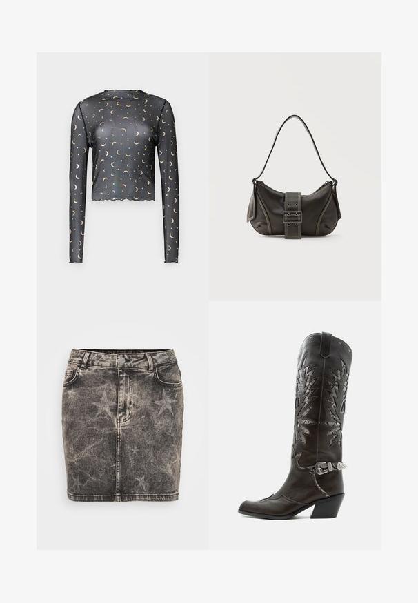 Sort langærmet mesh top med gyldne halvmåne- og stjernemønstre, cropped længde og bølget kantdetalje.; Sorte denim mini nederdel med falmet stjernemønster. Har høj talje, fem lommer og kontrasterende syninger. Klassisk knaplukning.; Sort læder cowboystøvle med dekorative udskæringer, sølvspænde og skrå hæl, vist på hvid baggrund.; Sort læder skuldertaske med spænde på remmen, afrundede kanter og kontrasterende hvide syninger på en ensfarvet baggrund.
