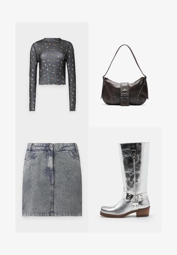 Langarm zwart mesh top met een patroon van gouden halve maan en ster, cropped lengte en gekartelde rand.; Grijze denim minirok met een vervaagde wassing, voorzien van voorzakken, een knoopsluiting en een rechte zoom. Gestoffeerde stof.; Zilveren metallic kniehoge laarzen met een ronde neus, een textuur oppervlak, een riem met studs en een lage houten hak. Voorzien van een geperst logo.; Bruine leren schoudertas met een gebogen vorm, voorzien van een opvallende gespdetail, contrasterende stiksels en een enkele schouderband.