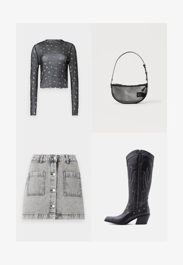 Haut en mesh à manches longues noir avec un motif de croissant de lune et d'étoiles dorées, longueur cropped et détail à bord arrondi.; Jupe en denim gris clair avec une texture délavée, dotée d'une fermeture à boutons, de deux grandes poches avant et d'une coupe droite.; Bottes de cow-boy en cuir noir avec bout pointu, coutures apparentes, ornements à clous argentés et fermeture éclair sur le côté intérieur.; Sac à main en maille noire forme demi-lune avec une courte bandoulière en cuir réglable et une fermeture éclair sur un fond clair uni.