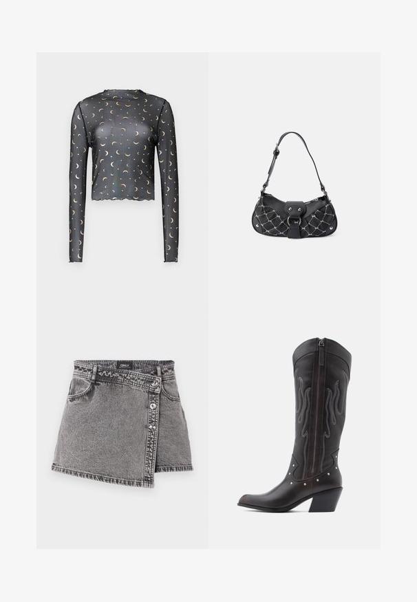 Langarm zwart mesh top met een patroon van gouden halve maan en ster, cropped lengte en gekartelde rand.; Grijze denim mini-jurk met een asymmetrische snit, voorzien van zilveren knoopaccenten en een detail met een voorzak. Gladde textuur en een casual ontwerp.; Bruine leren cowboylaarzen met vlamstiksels, zijrits, zilveren studs, spits toelopende neus en gestapelde hak.; Zwarte handtas met een gekruist textuur, voorzien van zilveren hardware, een gebogen vorm en een enkele verstelbare hengsel. Ritssluiting aan de bovenkant.