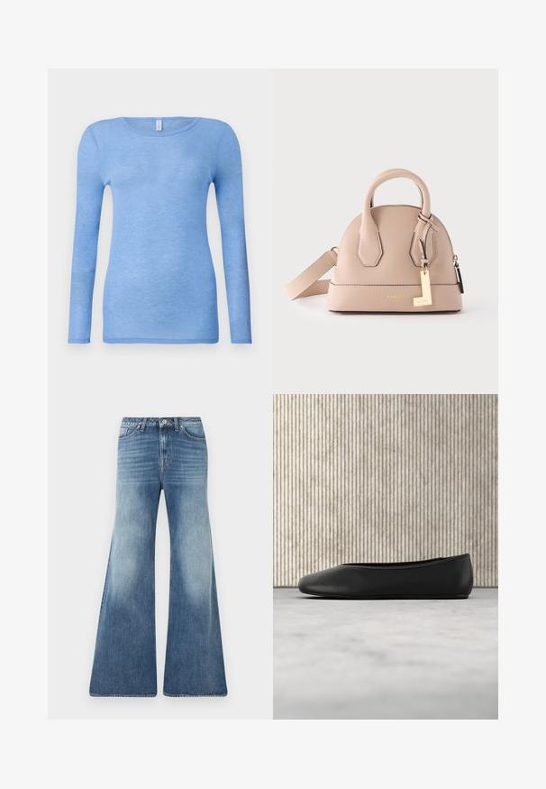 Lichtblauwe t-shirt met lange mouwen in een zachte, lichte stof. Heeft een ronde hals en een aansluitend ontwerp. Geen zichtbare patronen of accenten.; Blauwe high-waist jeans met wijde pijpen, vervaagde voorkant, vijf zakken, riemlussen en knoopsluiting tegen een witte achtergrond.; Zwarte leren balletflat met een afgeronde neus, een gladde textuur en een gouden logoaccent aan de zijkant. Geplaatst boven een reflecterend oppervlak.; Kleine beige leren handtas met twee handvatten, een afneembare schouderriem, een gouden rits en een gouden Lancel-label op een effen achtergrond.