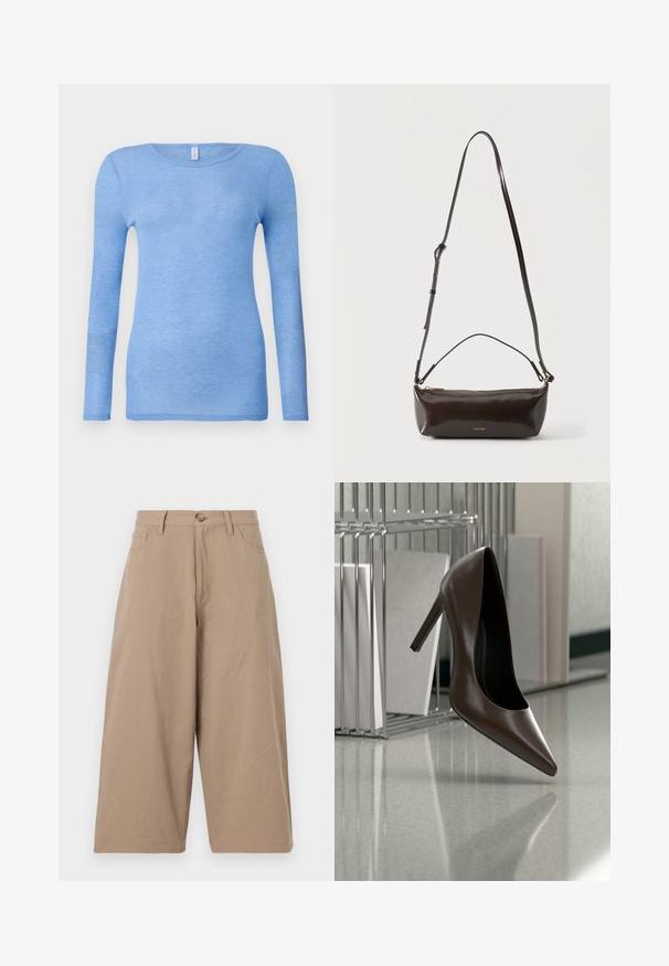 Lys blå langærmet t-shirt i et blødt, let materiale. Har rund hals og tætsiddende design. Ingen synlige mønstre eller detaljer.; Kaki breddeben bukser lavet af bomuld, med høj talje, forlommer og en enkelt knaplukning. Glat tekstur og lige snit.; Mørkebrunt læderhæl med høj hæl, der svæver over en reflekterende gulvplade nær en metalhylde med hvide paneler i et rum.; Lille blank mørkebrun læder skuldertaske med justerbar rem, top håndtag og gyldent lynlås lukning.