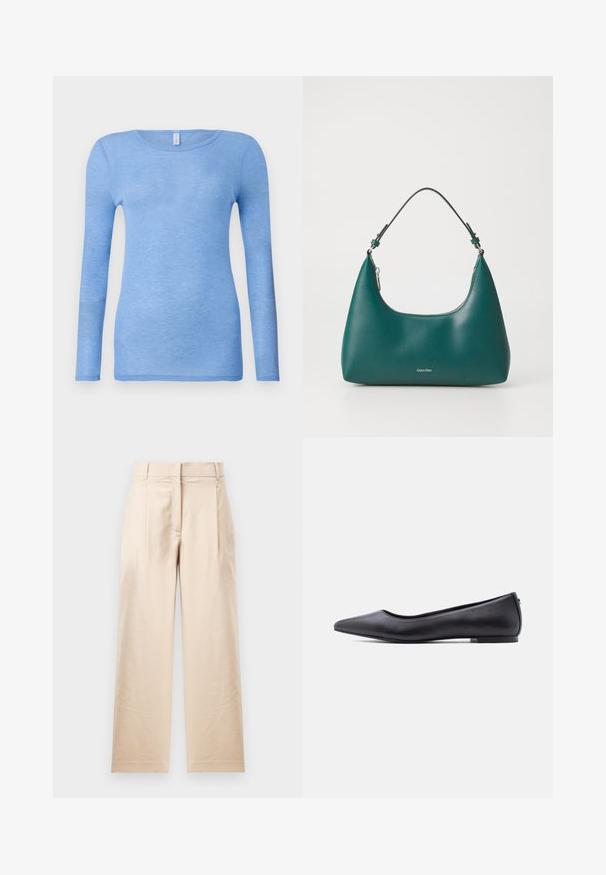 Camiseta de manga larga azul claro en una tela suave y ligera. Presenta un cuello redondo y un diseño ajustado. Sin patrones o acentos visibles.; Pantalones beige confeccionados en una tela suave. Presentan un corte recto, frente plano y dos pliegues. Sin patrones visibles ni herrajes.; Zapato plano de cuero negro con punta puntiaguda y tacón bajo, mostrado de perfil contra un fondo blanco.; Bolso de mano en color teal con forma curva y una correa para el hombro, presentando un sutil logo de Calvin Klein en la parte frontal sobre un fondo blanco liso.