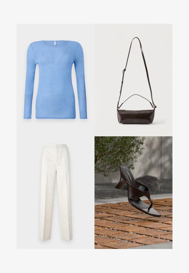 Camiseta de manga larga azul claro en una tela suave y ligera. Presenta un cuello redondo y un diseño ajustado. Sin patrones o acentos visibles.; Pantalones color crema con un corte ajustado, que presentan una pierna recta, tejido suave, pliegues frontales y un dobladillo limpio. Diseño minimalista.; Sandalia de tiras con tacón marrón de Calvin Klein suspendida sobre suelo exterior de loseta de madera y grava, con fondo desenfocado de vegetación y piedras.; Pequeño bolso de hombro de cuero marrón oscuro brillante con correa ajustable, asa superior y cierre de cremallera dorado.
