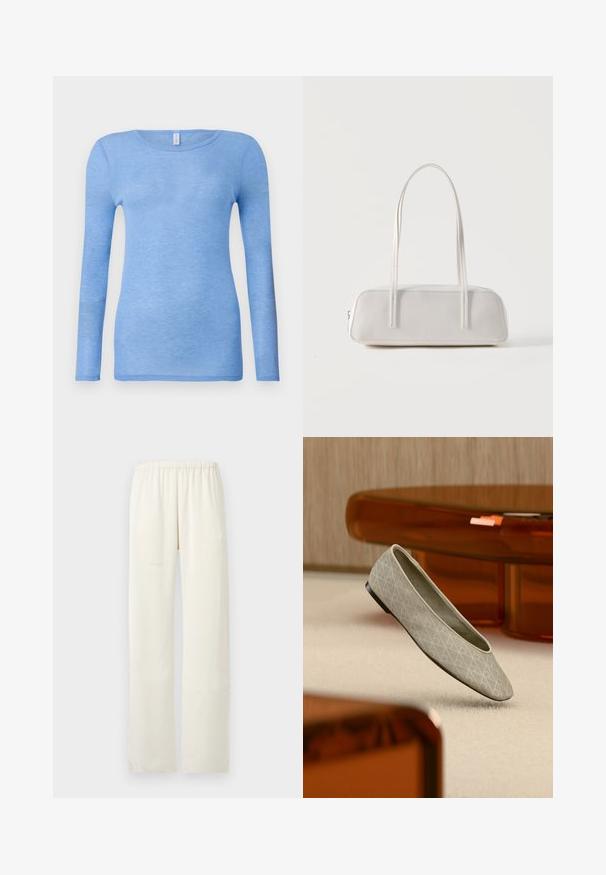 Camiseta de manga larga azul claro en una tela suave y ligera. Presenta un cuello redondo y un diseño ajustado. Sin patrones o acentos visibles.; Pantalones rectos color crema con una cintura elástica y sin bolsillos ni adornos visibles.; Bailarina beige con un patrón geométrico flota sobre una alfombra clara en una habitación moderna con muebles de tono ámbar.; Bolso de hombro rectangular blanco con correas largas y delgadas, costuras mínimas y cierre de cremallera sobre un fondo liso.