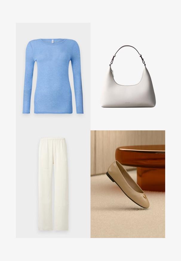 Camiseta de manga larga azul claro en una tela suave y ligera. Presenta un cuello redondo y un diseño ajustado. Sin patrones o acentos visibles.; Pantalones rectos color crema con una cintura elástica y sin bolsillos ni adornos visibles.; Bailarina plana de cuero beige con suela negra y emblema dorado en la punta, situada sobre una alfombra crema junto a un mueble redondeado de color ámbar.; Bolso de hombro de cuero color crema de Calvin Klein con borde superior curvado, cremallera plateada y correa ajustable marrón oscuro.
