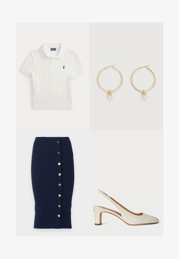 Wit kabelgebreide korte mouw polo met kraag en knoopsluiting, met klein marineblauw logo op de linkerborst.; Marineblauwe kokerrok tot op de knie met een verticale rij van acht gouden knopen langs de voorkant aan de rechterkant.; Witte leren slingback hak met een ronde neus, blokhak en een minimalistisch ontwerp met subtiele stikdetails.; Gouden oorringen in de vorm van een ring, elk met een enkele hangende witte parel en een klein detail van strasssteentjes op een lichte achtergrond.