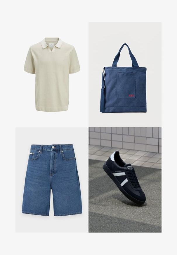 Kortærmet beige polo-shirt med et struktureret strikkemønster, kontrasterende krave og ribbede ærmeslids. Har en v-hals og sømaksenter på siden.; Lyseblå denimshorts med lynlås foran, knaplukning, bæltestropper og fem lommer, vist mod en ensfarvet hvid baggrund.; Sort lædersneaker med hvide striber, tekstureret gummisål og snørrebånd foran. Har et brandet mærke på tungen.; Blå lærredstote taske med frontlomme og rød "O.N.S" broderi, med to håndtag og en justerbar skulderrem.