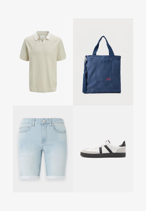 Kortærmet beige polo-shirt med et struktureret strikkemønster, kontrasterende krave og ribbede ærmeslids. Har en v-hals og sømaksenter på siden.; Lysblå denimshorts med opretstående kant, klassisk fem-lomme design og frontknaplukning. Glat tekstur med let slid.; Hvide sneakers med sorte og grå detaljer, med en tekstureret grå tåhætte, sort gummisål og flade hvide snørebånd. Rent design, minimalistisk stil.; Blå lærredstote taske med frontlomme og rød "O.N.S" broderi, med to håndtag og en justerbar skulderrem.