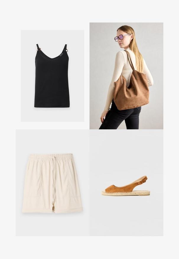 Caraco noir sans manches avec fines bretelles, encolure en V et petits anneaux métalliques reliant les bretelles au haut. Aucun motif ni logo visible.; Shorts en coton beige avec une taille élastique, un cordon de serrage et deux poches latérales ; présentent une coupe décontractée et un ourlet roulé.; Chaussure slingback en suède marron avec un bout ouvert, des détails en jute autour de la semelle et une sangle arrière avec boucle pour ajustement.; Sac fourre-tout en daim marron avec une texture douce, grande ouverture et longues sangles. Présente un design simple avec des coutures visibles et sans matériel.